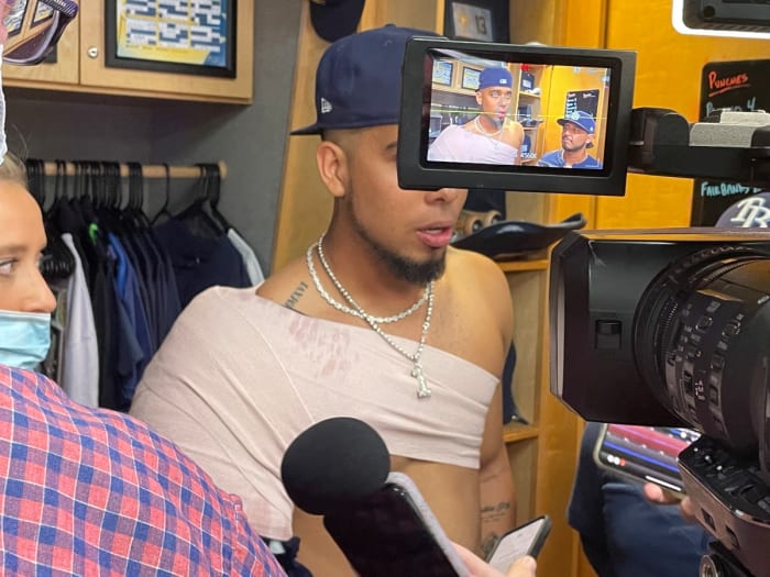 Luis Patino meets with the media after pitching five innings on Monday in Tampa Bay's 4-3 win over the Boston Red Sox.